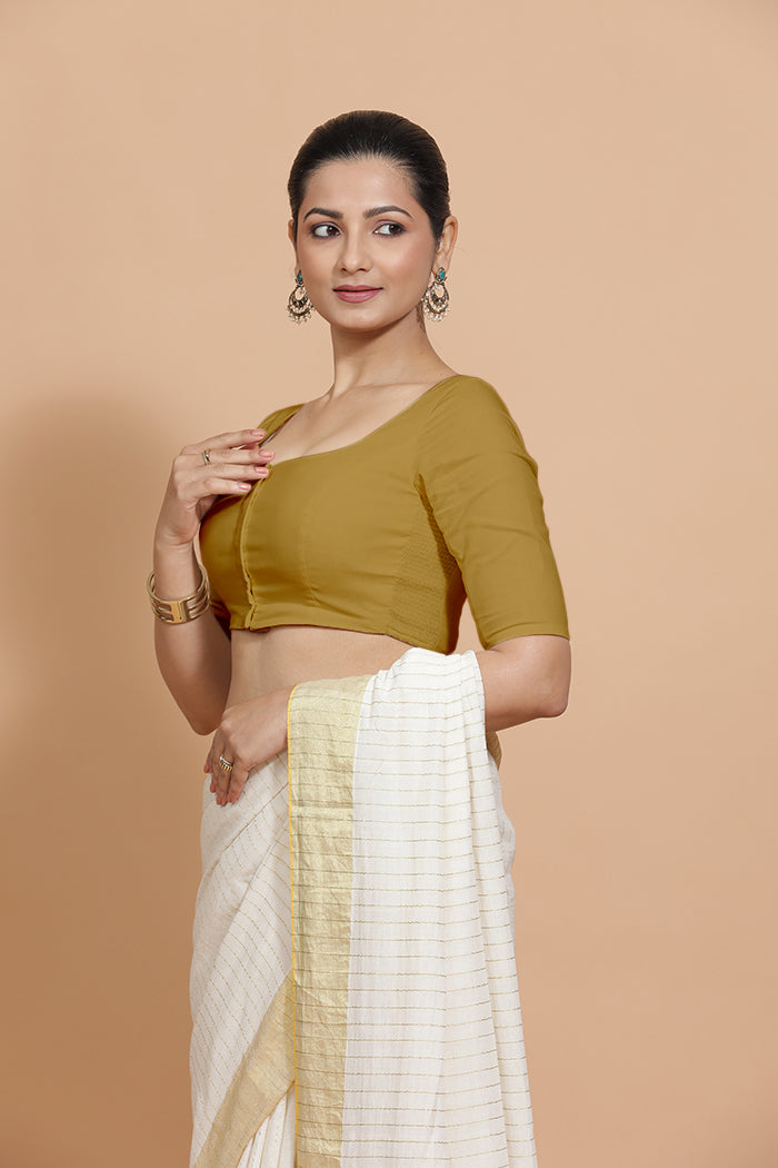 Vritika x Rozaana | Scoop Neck Khaki Plain Cotton Saree Blouse-Binks