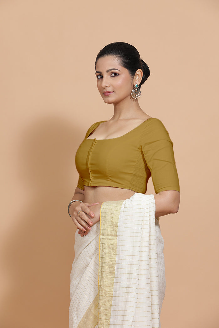 Vritika x Rozaana | Scoop Neck Khaki Plain Cotton Saree Blouse-Binks