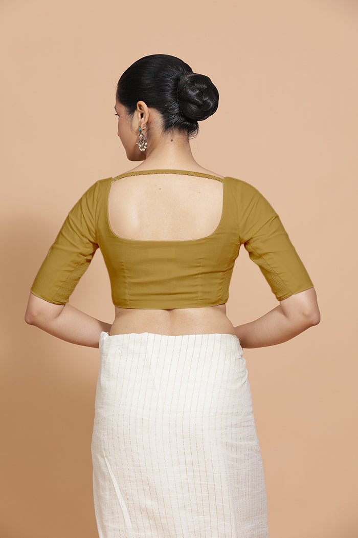 Vritika x Rozaana | Scoop Neck Khaki Plain Cotton Saree Blouse-Binks