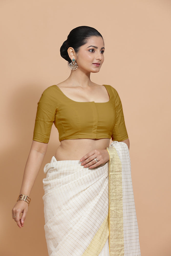 Vritika x Rozaana | Scoop Neck Khaki Plain Cotton Saree Blouse-Binks