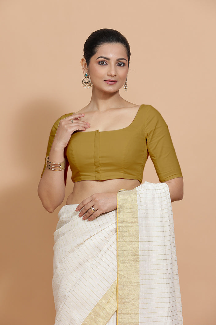 Vritika x Rozaana | Scoop Neck Khaki Plain Cotton Saree Blouse-Binks