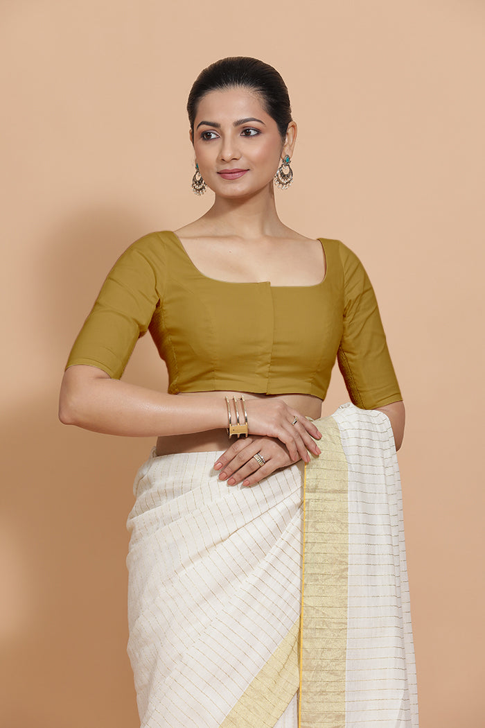 Vritika x Rozaana | Scoop Neck Khaki Plain Cotton Saree Blouse-Binks