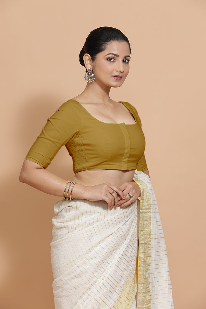 Vritika x Rozaana | Scoop Neck Khaki Plain Cotton Saree Blouse-Binks