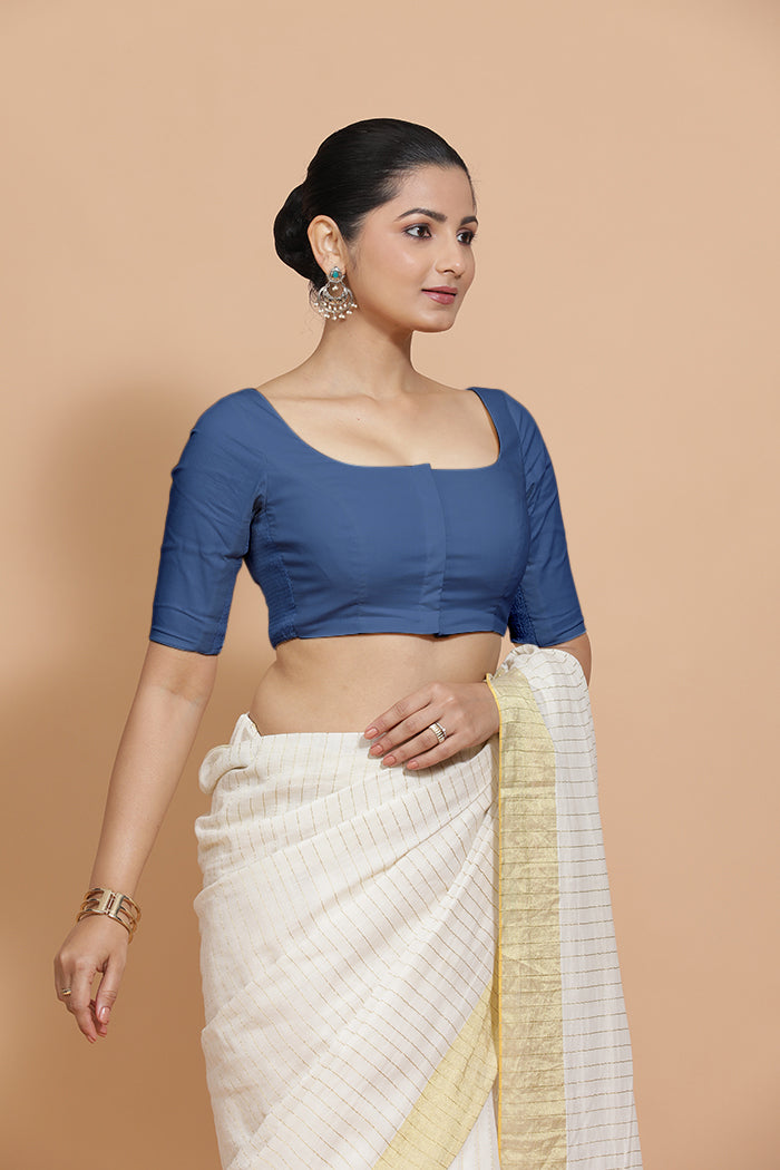 Vritika x Rozaana | Elbow Sleeves Saree Blouse in Lapis Blue Plain Cotton-Binks