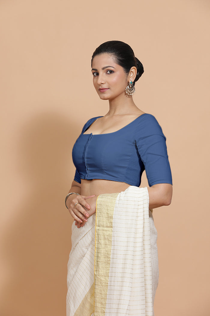 Vritika x Rozaana | Elbow Sleeves Saree Blouse in Lapis Blue Plain Cotton-Binks