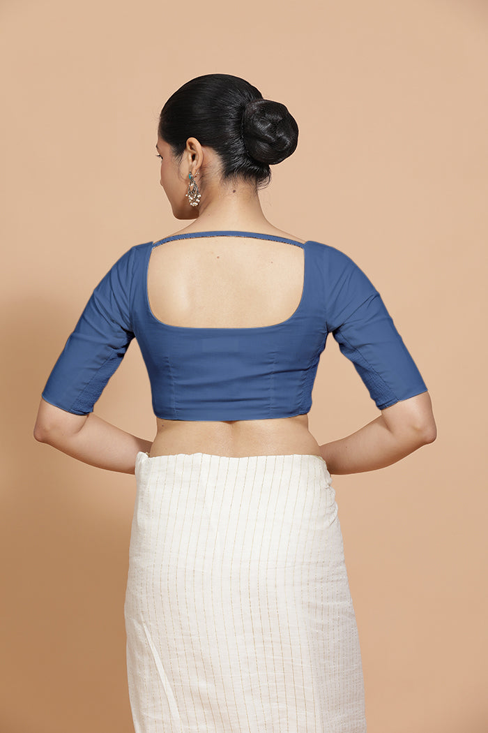 Vritika x Rozaana Saree Blouse, in Blue 100% Cotton - Solid, featuring elbow sleeves and scoop neckline (view 2).