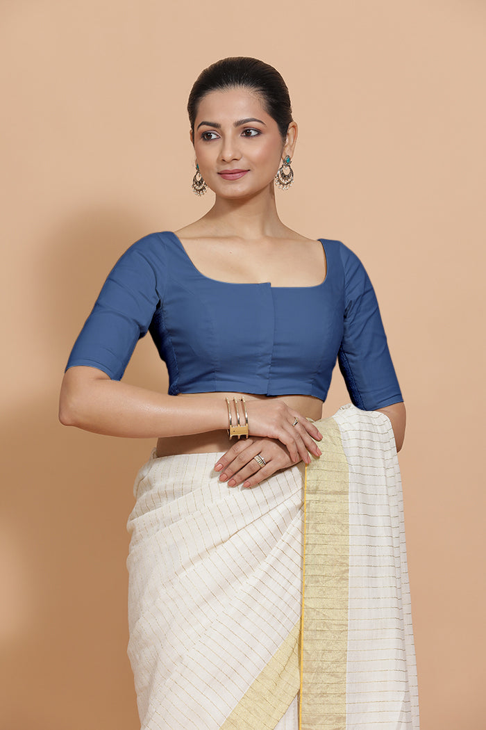 Vritika x Rozaana Saree Blouse, in Blue 100% Cotton - Solid, featuring elbow sleeves and scoop neckline (view 8).