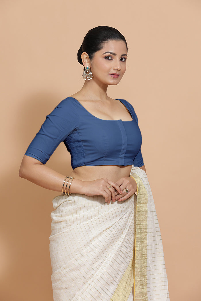 Vritika x Rozaana | Elbow Sleeves Saree Blouse in Lapis Blue Plain Cotton-Binks