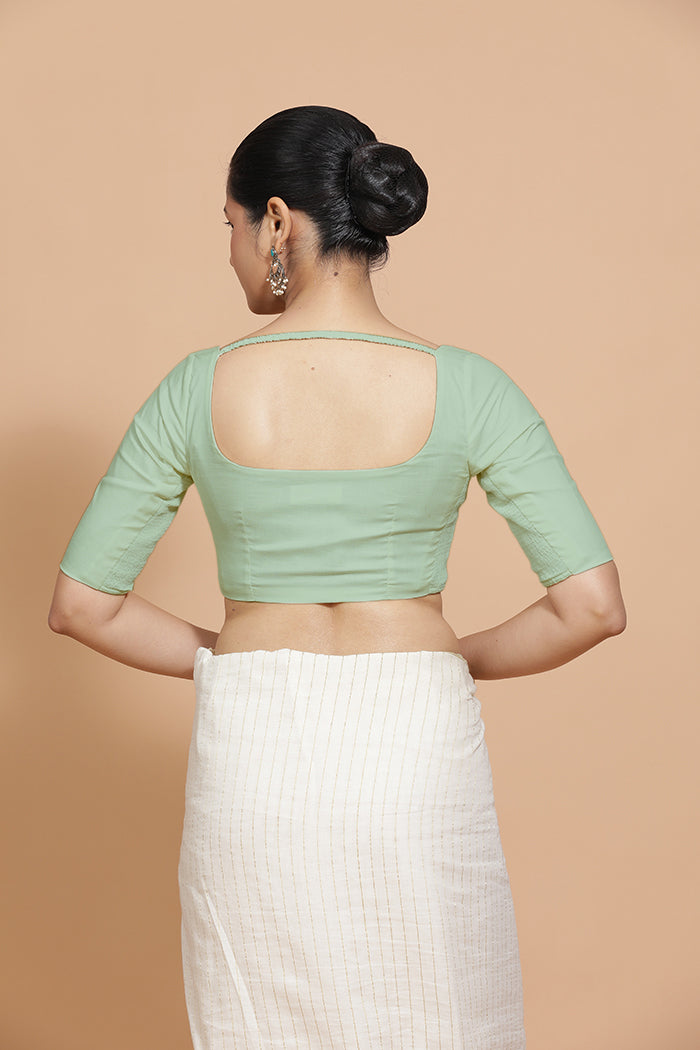 Vritika x Rozaana Saree Blouse, in Green Cotton, featuring elbow sleeves and scoop neckline, made for daily & work (view 2).