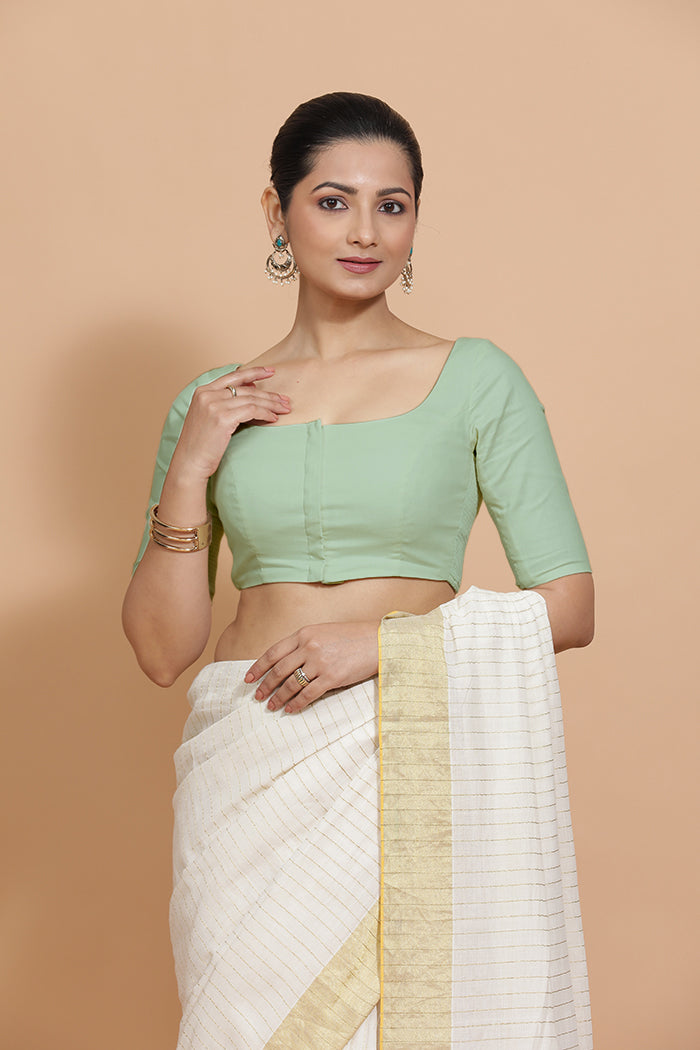 Vritika x Rozaana Saree Blouse, in Green Cotton, featuring elbow sleeves and scoop neckline, made for daily & work (view 7).