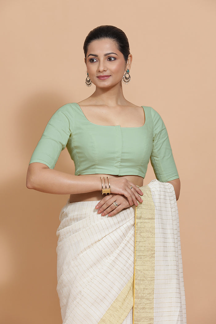 Vritika x Rozaana Saree Blouse, in Green Cotton, featuring elbow sleeves and scoop neckline, made for daily & work (view 8).