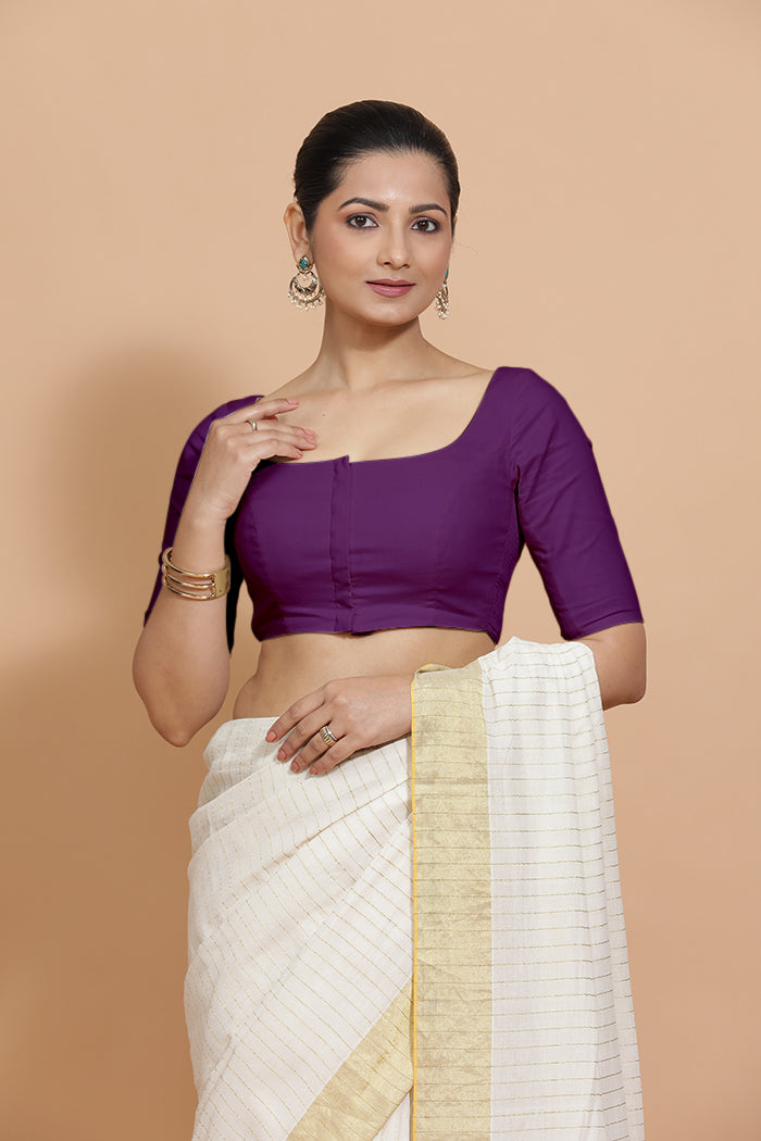 Vritika x Rozaana Saree Blouse, in Purple Cotton, featuring elbow sleeves and scoop neckline, made for daily & work.