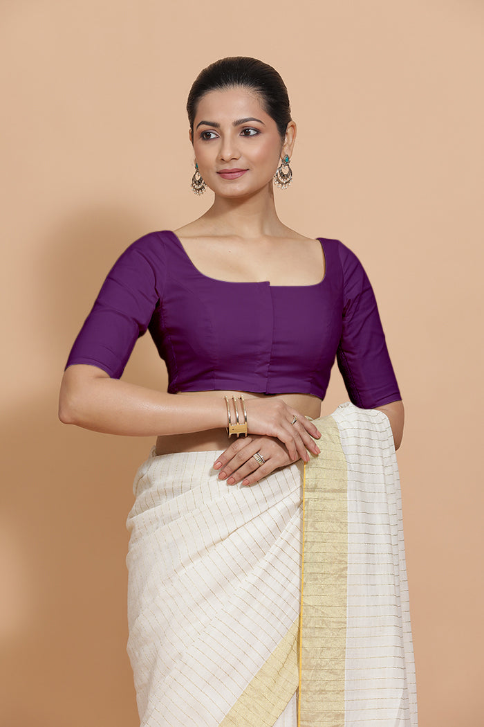 Vritika x Rozaana Saree Blouse, in Purple Cotton, featuring elbow sleeves and scoop neckline, made for daily & work (view 8).