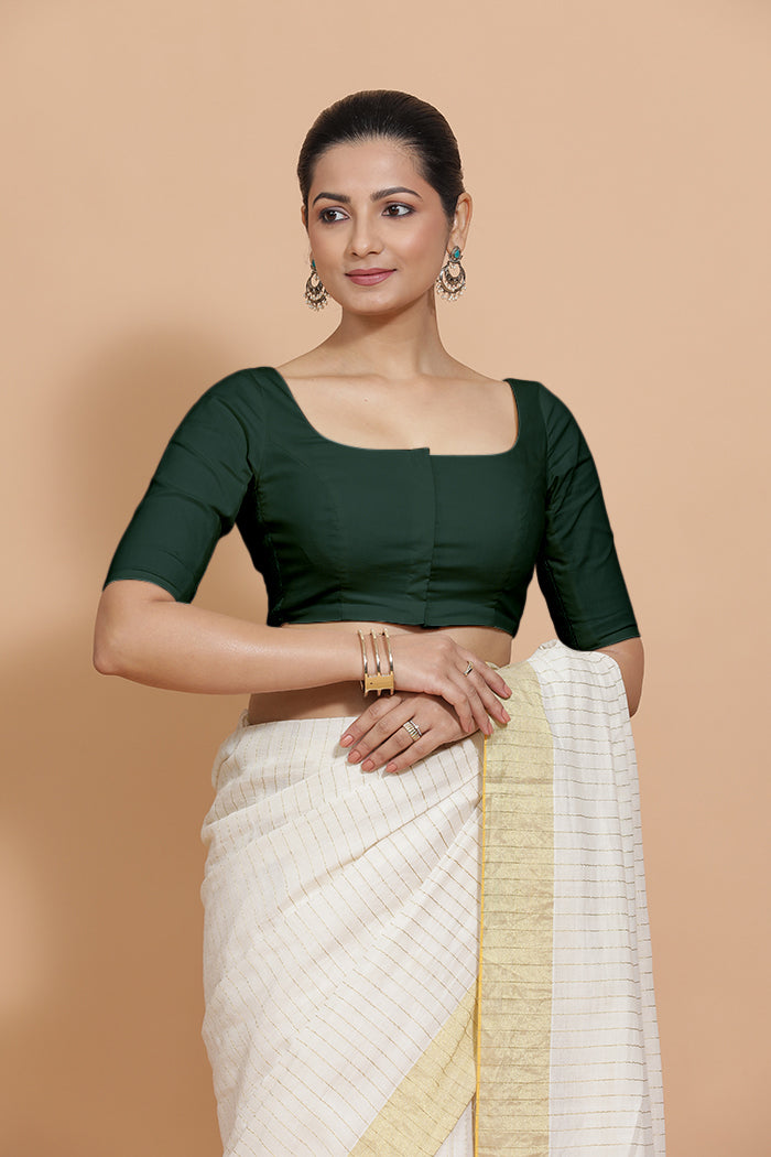 Vritika x Rozaana Saree Blouse, in Green Cotton, featuring elbow sleeves and scoop neckline, made for daily & work.