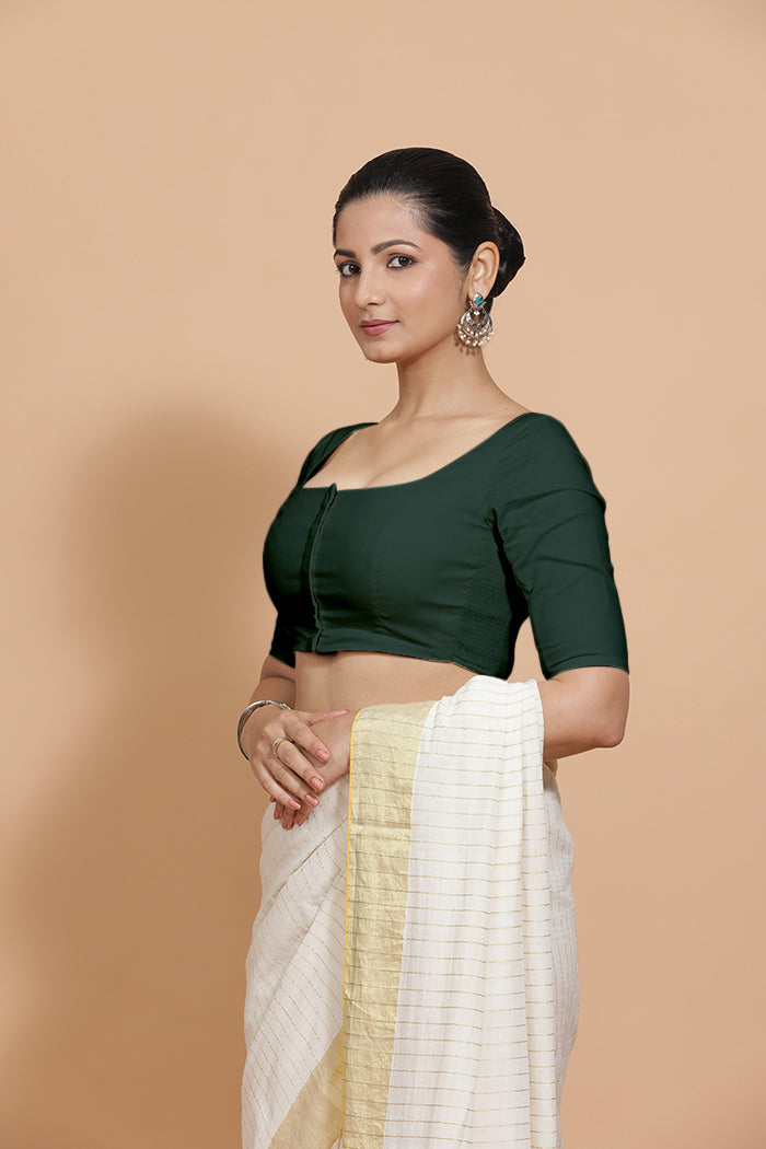 Vritika x Rozaana | Scoop Neck Moss Green Plain Cotton Saree Blouse-Binks