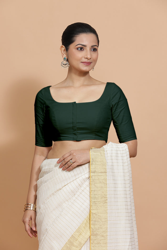 Vritika x Rozaana | Scoop Neck Moss Green Plain Cotton Saree Blouse-Binks