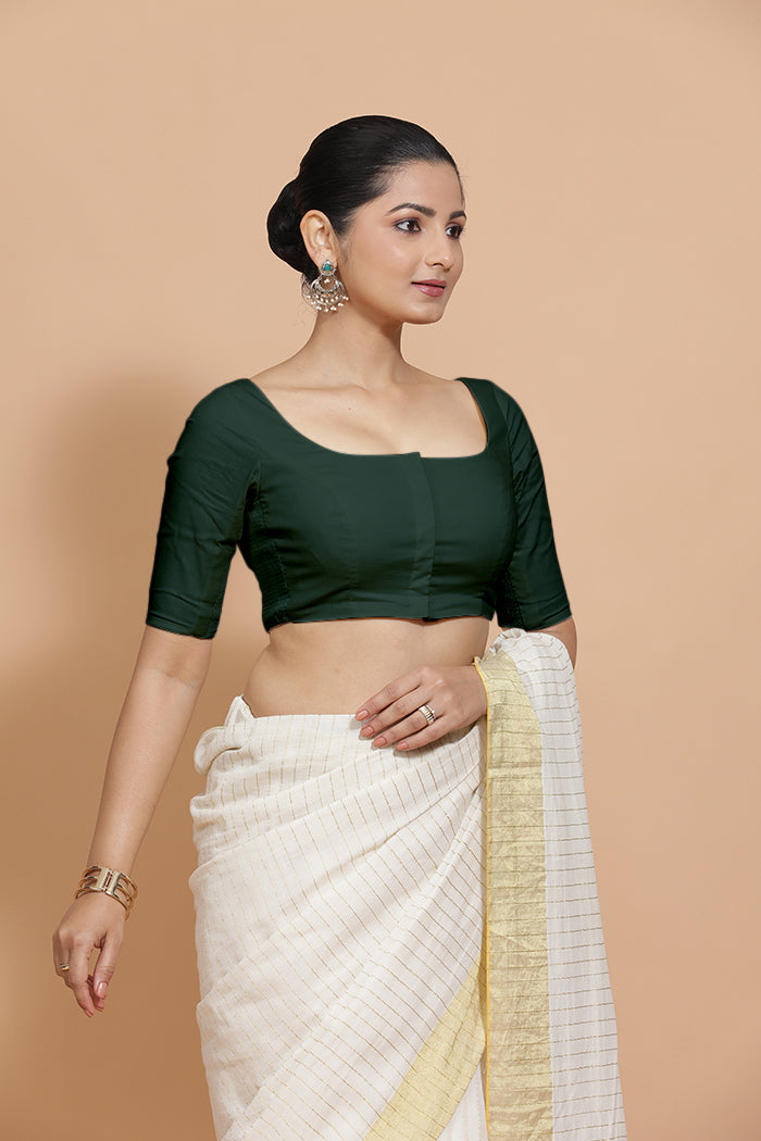 Vritika x Rozaana | Scoop Neck Moss Green Plain Cotton Saree Blouse-Binks