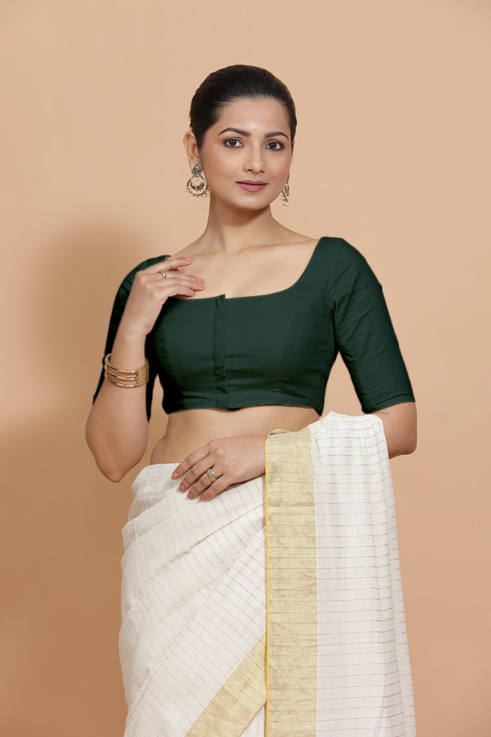 Vritika x Rozaana | Scoop Neck Moss Green Plain Cotton Saree Blouse-Binks