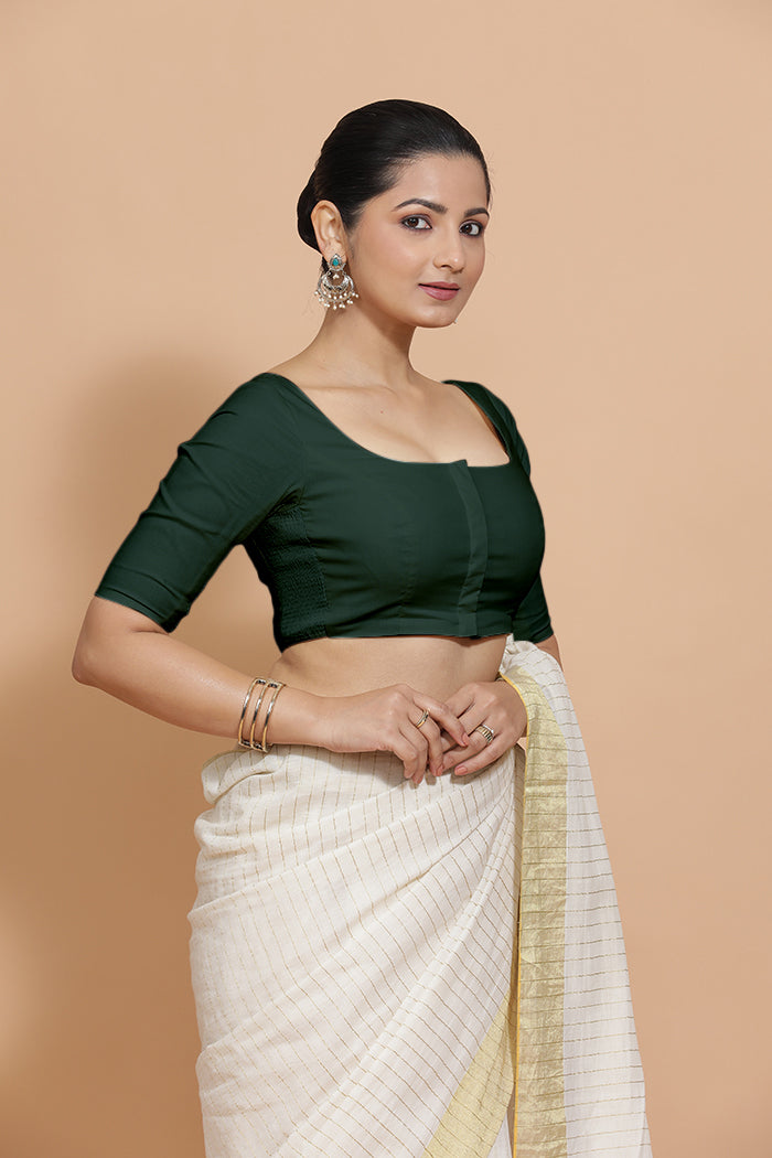 Vritika x Rozaana | Scoop Neck Moss Green Plain Cotton Saree Blouse-Binks