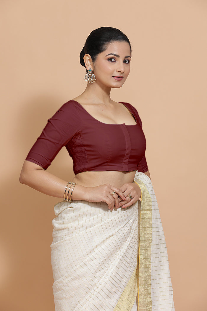 Vritika x Rozaana Saree Blouse, in Maroon Cotton, featuring elbow sleeves and scoop neckline, made for daily & work.