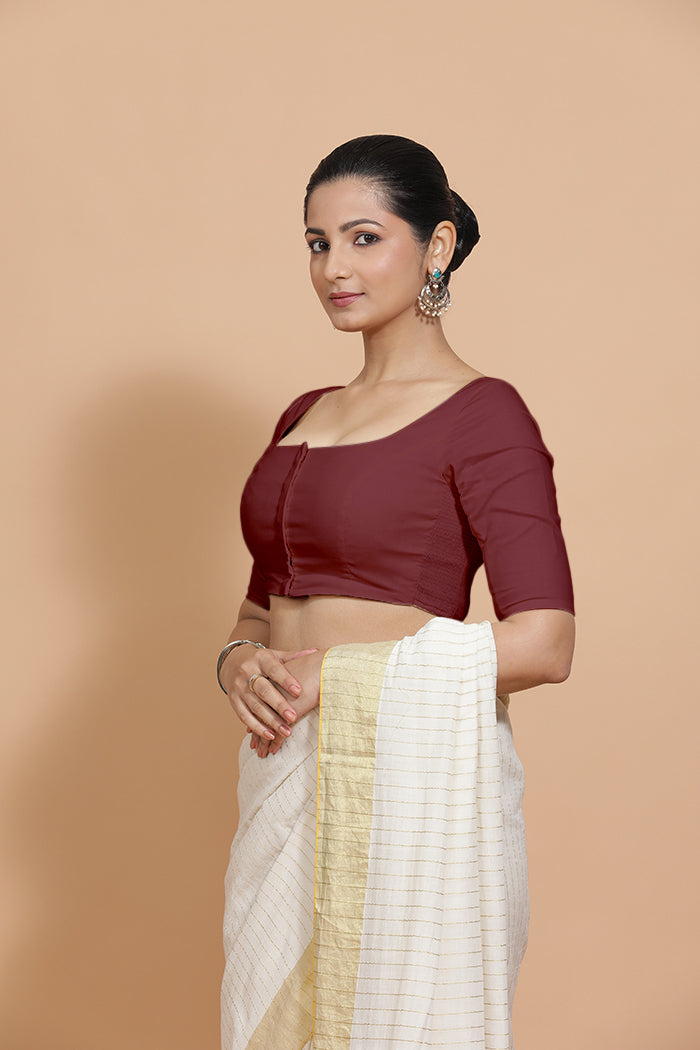 Vritika x Rozaana | Scoop Neck Royal Maroon Plain Cotton Saree Blouse-Binks