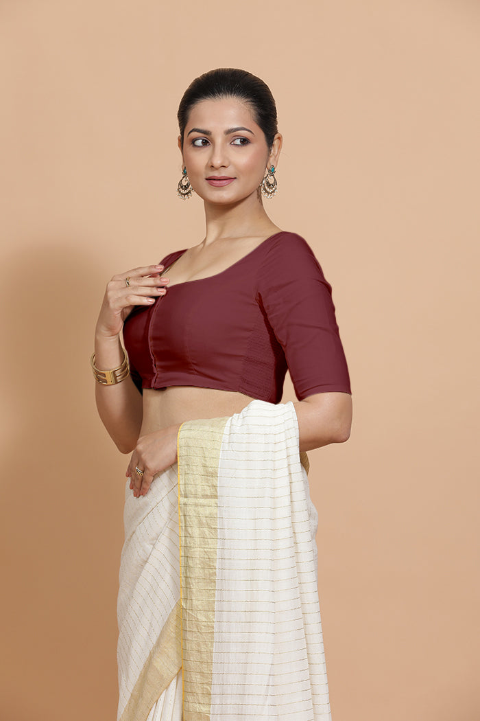 Vritika x Rozaana Saree Blouse, in Maroon Cotton, featuring elbow sleeves and scoop neckline, made for daily & work (view 5).