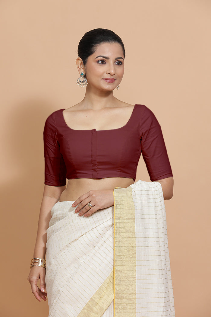 Vritika x Rozaana Saree Blouse, in Maroon Cotton, featuring elbow sleeves and scoop neckline, made for daily & work (view 6).