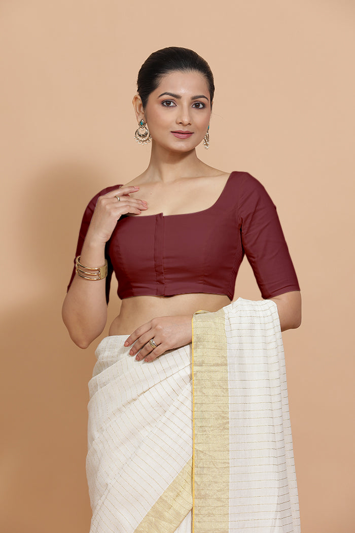 Vritika x Rozaana Saree Blouse, in Maroon Cotton, featuring elbow sleeves and scoop neckline, made for daily & work (view 8).