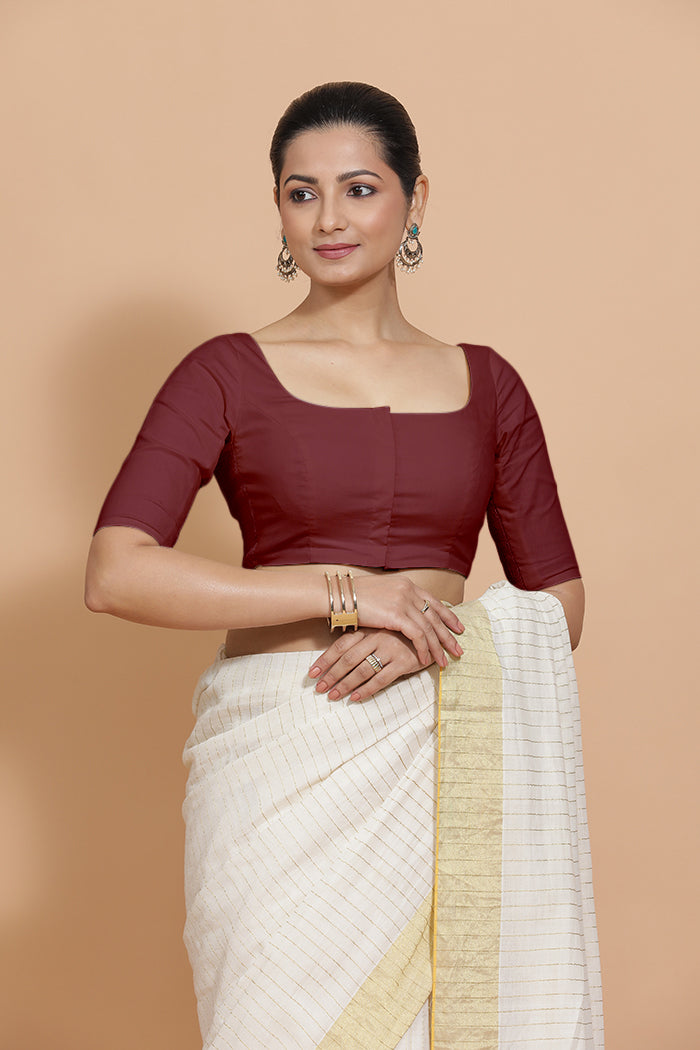 Vritika x Rozaana | Scoop Neck Royal Maroon Plain Cotton Saree Blouse-Binks