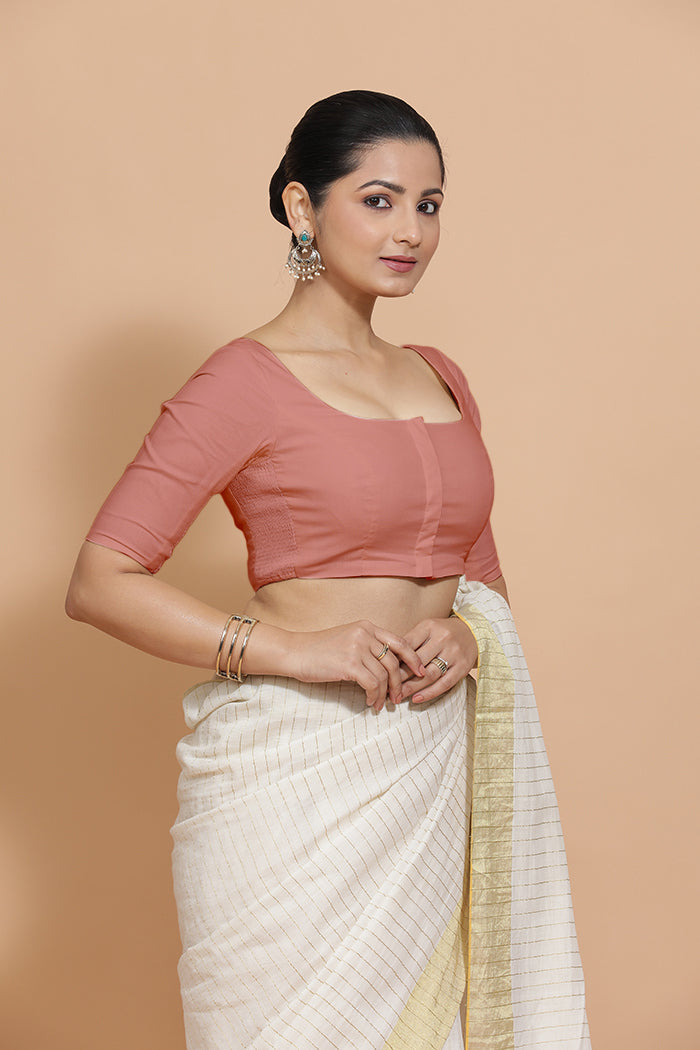 Vritika x Rozaana | Scoop Neck Soft Peach Plain Cotton Saree Blouse-Binks