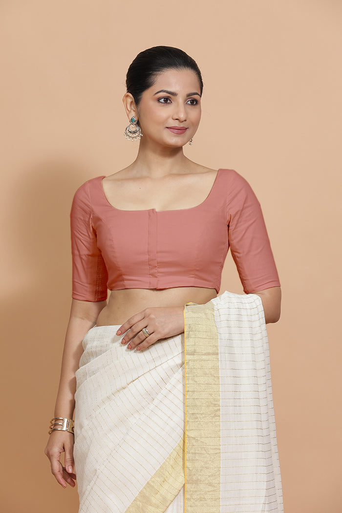 Vritika x Rozaana Saree Blouse, in Peach Cotton, featuring elbow sleeves and scoop neckline, made for daily & work (view 6).
