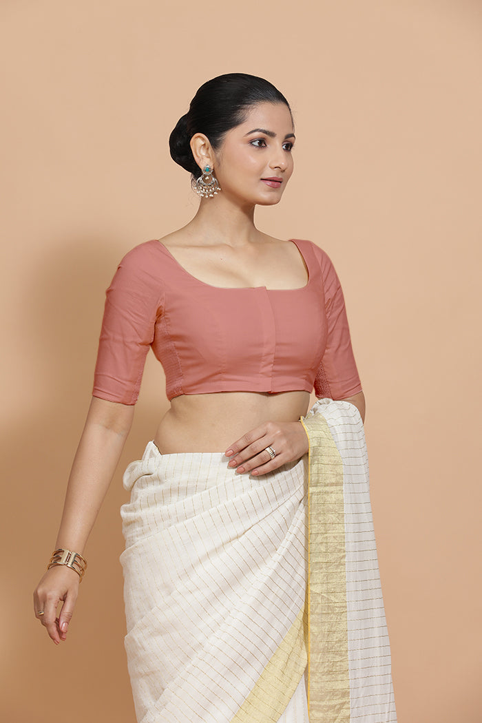 Vritika x Rozaana Saree Blouse, in Peach Cotton, featuring elbow sleeves and scoop neckline, made for daily & work (view 7).