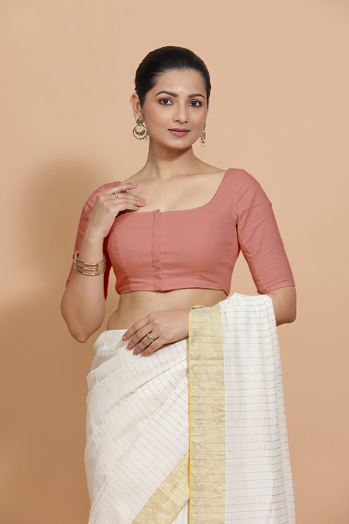 Vritika x Rozaana Saree Blouse, in Peach Cotton, featuring elbow sleeves and scoop neckline, made for daily & work (view 8).
