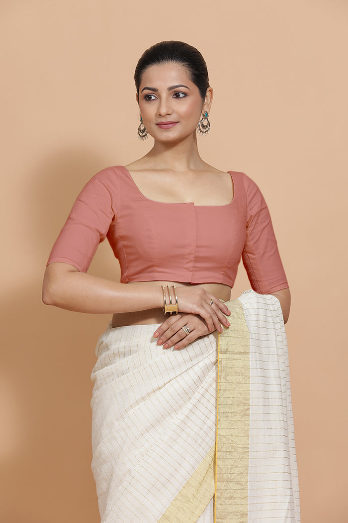 Vritika x Rozaana | Scoop Neck Soft Peach Plain Cotton Saree Blouse-Binks
