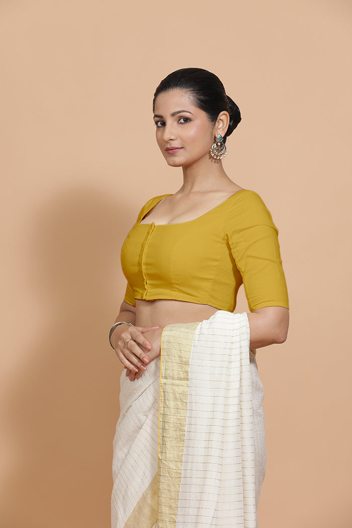 Vritika x Rozaana | Scoop Neck Sunny Yellow Plain Cotton Saree Blouse-Binks