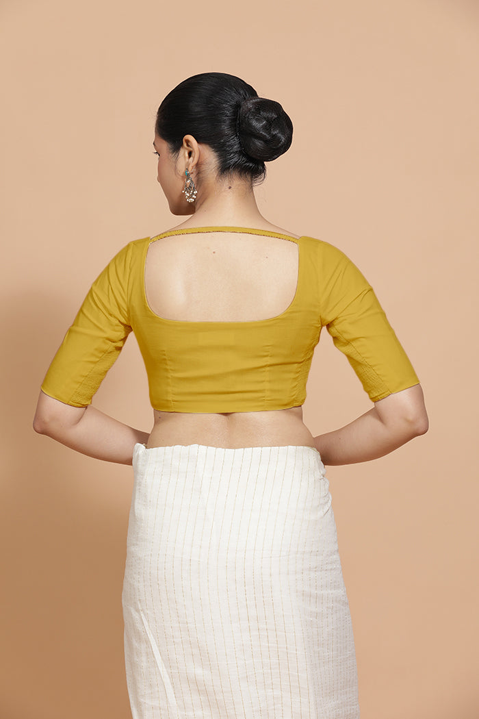 Vritika x Rozaana Saree Blouse, in Yellow Cotton, featuring elbow sleeves and scoop neckline, made for daily & work (view 2).