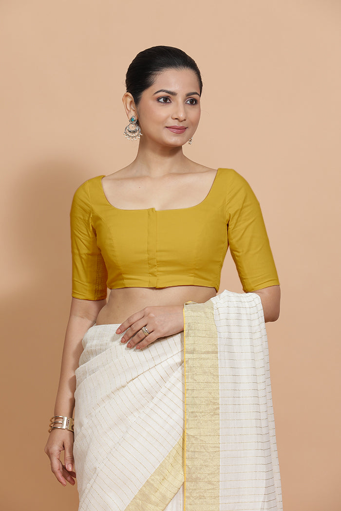 Vritika x Rozaana Saree Blouse, in Yellow Cotton, featuring elbow sleeves and scoop neckline, made for daily & work (view 6).