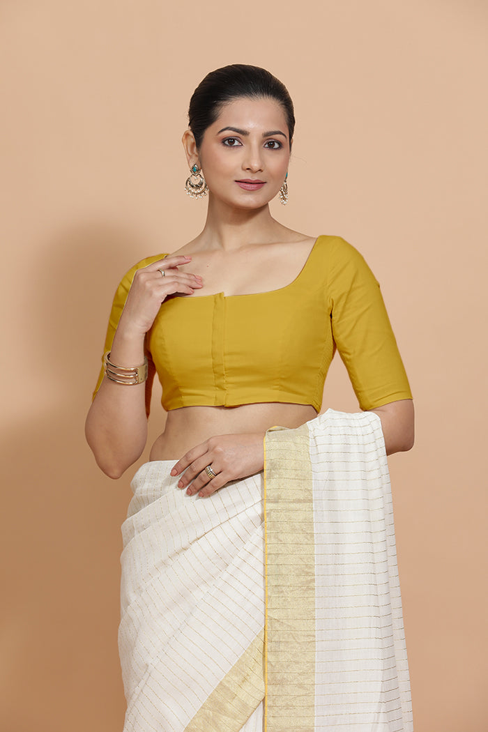Vritika x Rozaana Saree Blouse, in Yellow Cotton, featuring elbow sleeves and scoop neckline, made for daily & work (view 7).