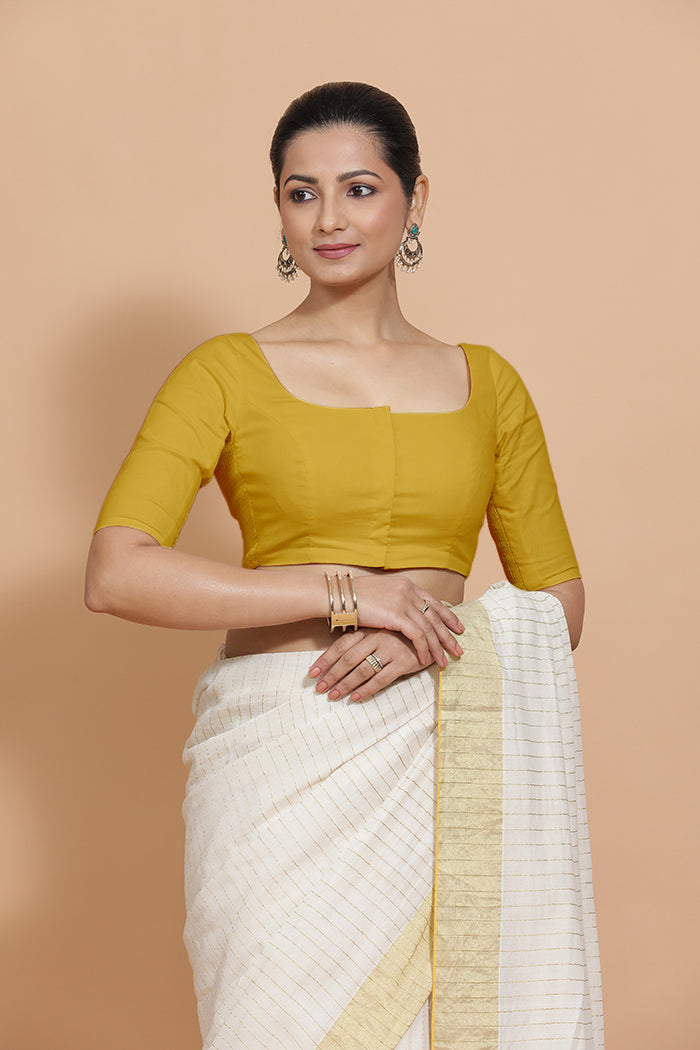Vritika x Rozaana Saree Blouse, in Yellow Cotton, featuring elbow sleeves and scoop neckline, made for daily & work (view 8).