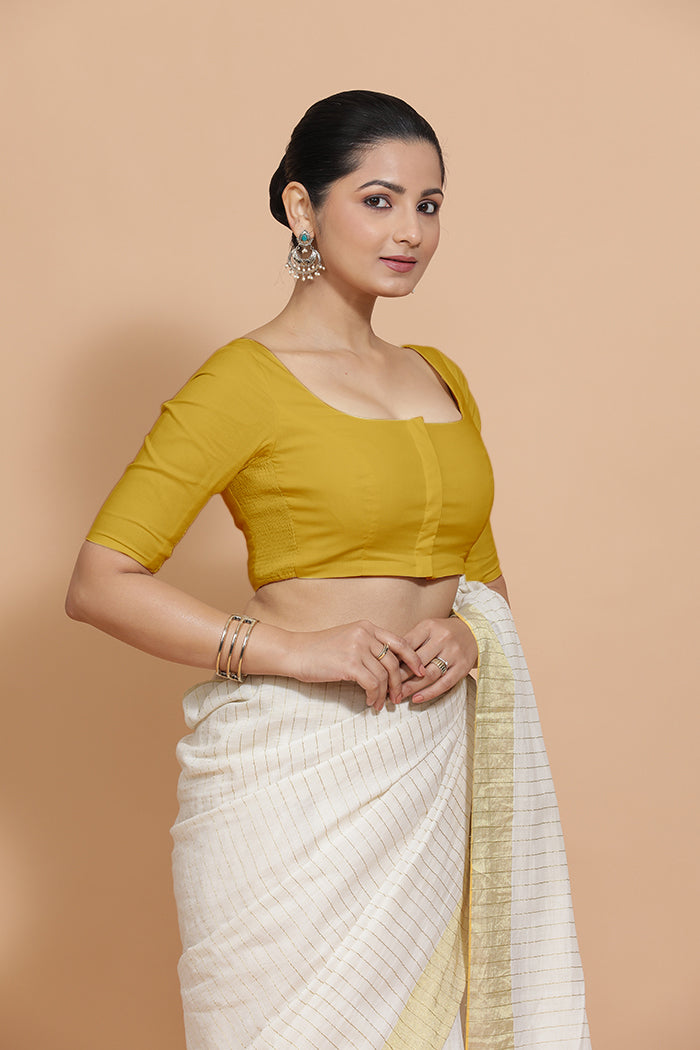 Vritika x Rozaana | Scoop Neck Sunny Yellow Plain Cotton Saree Blouse-Binks
