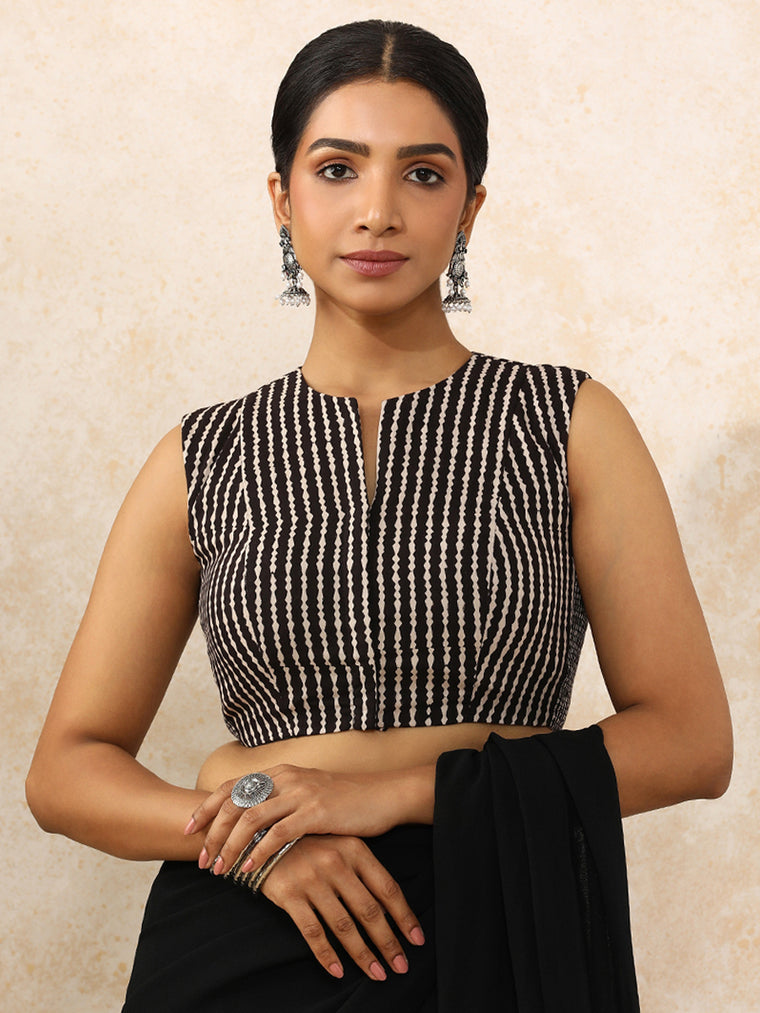 Yamika x Rozaana Saree Blouse, in Black 100% Cotton - Block Printed, featuring sleeveless and jewel neckline.
