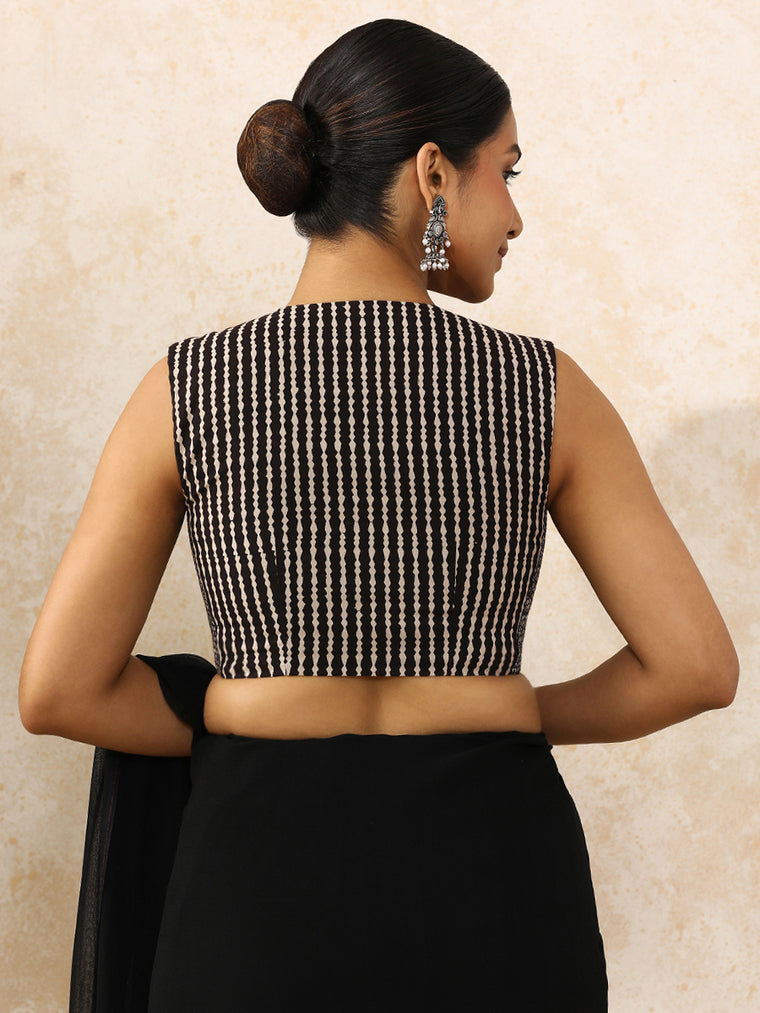 Yamika x Rozaana Saree Blouse, in Black 100% Cotton - Block Printed, featuring sleeveless and jewel neckline (view 2).