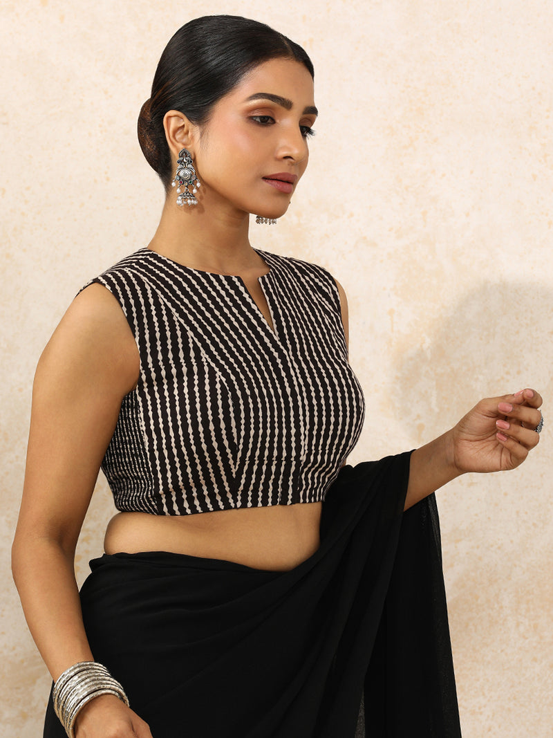 Yamika x Rozaana | Sleeveless Saree Blouse in Earthy Black Stripes Block Print Cotton-Binks