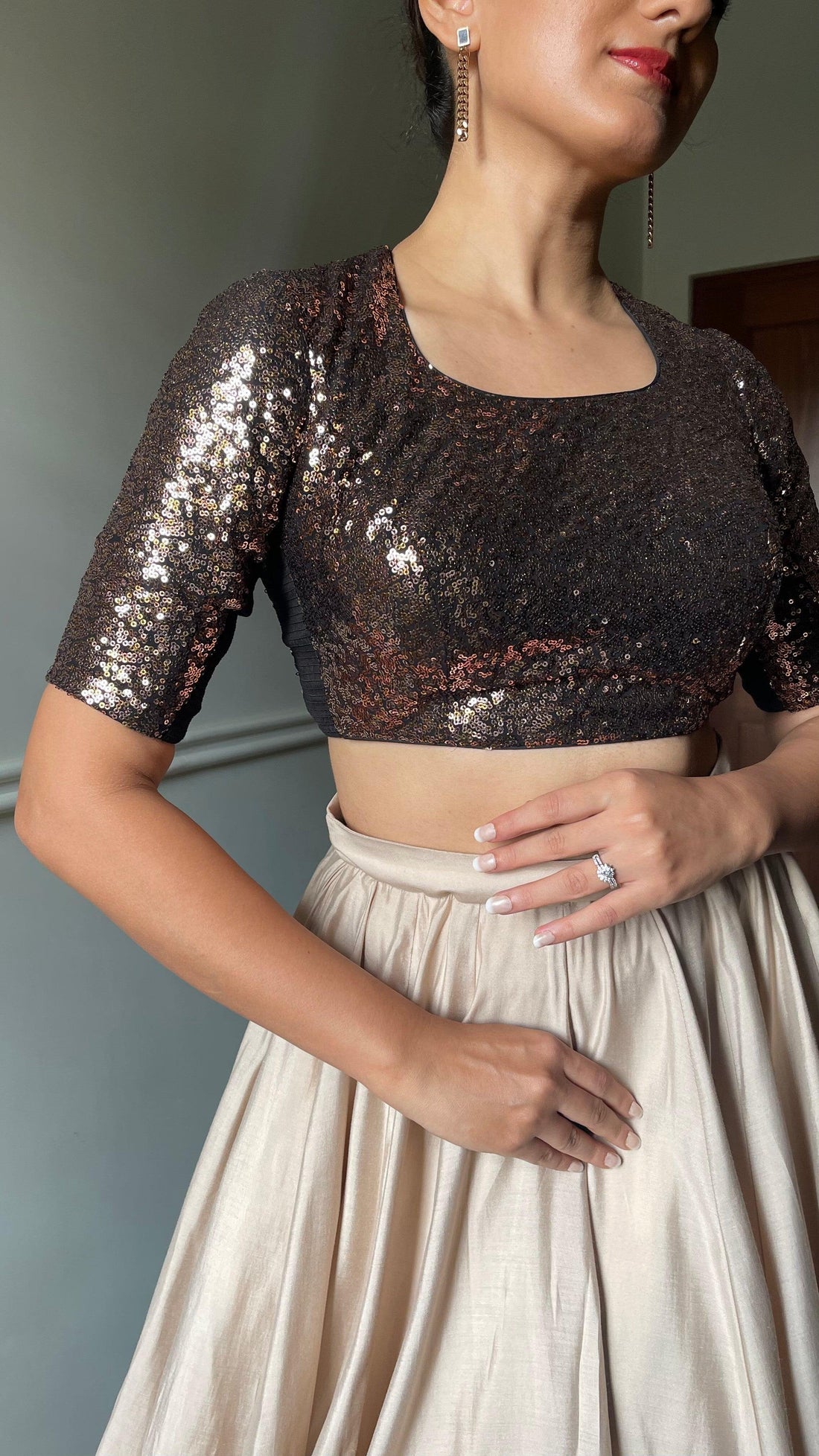 Yara x Tyohaar Saree Blouse, in Gold Sequin, featuring elbow sleeves, made for party & festive (view 3).