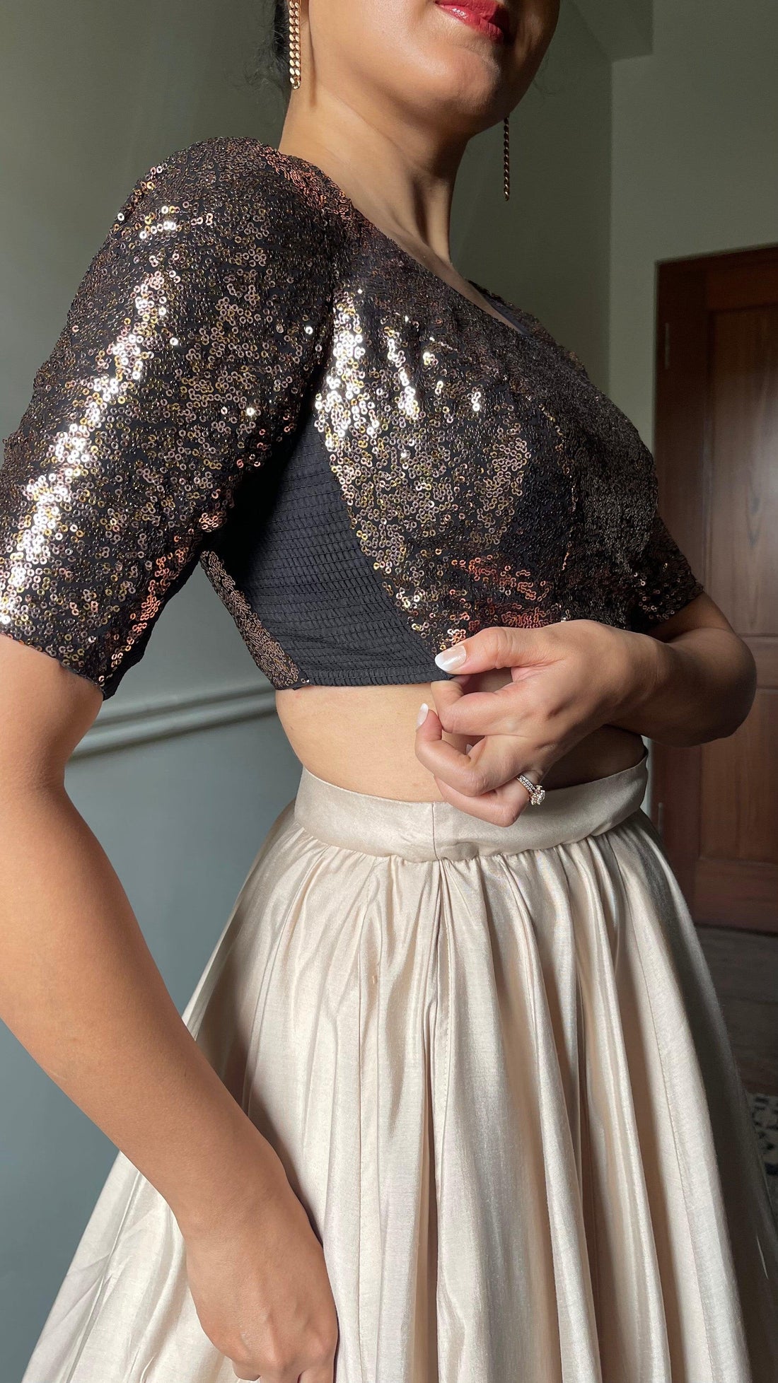 Yara x Tyohaar Saree Blouse, in Gold Sequin, featuring elbow sleeves, made for party & festive (view 5).