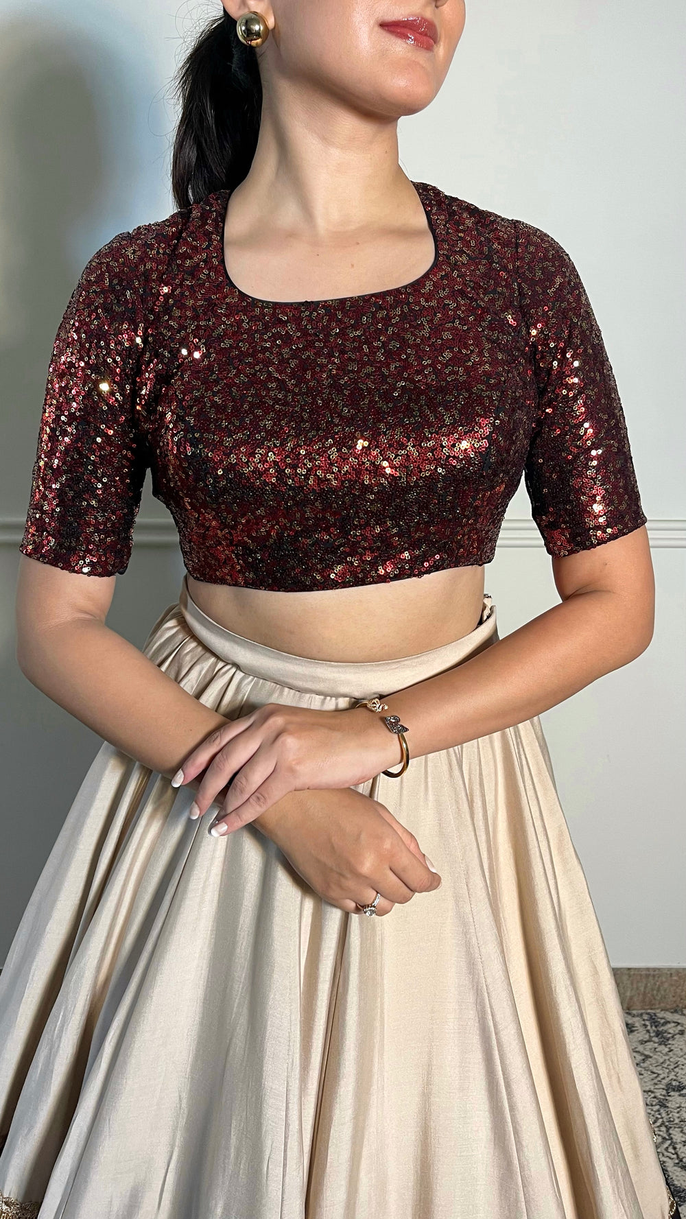 Yara x Tyohaar | Elbow Sleeves Black & Red Sequined Saree Blouse with Pot Neck