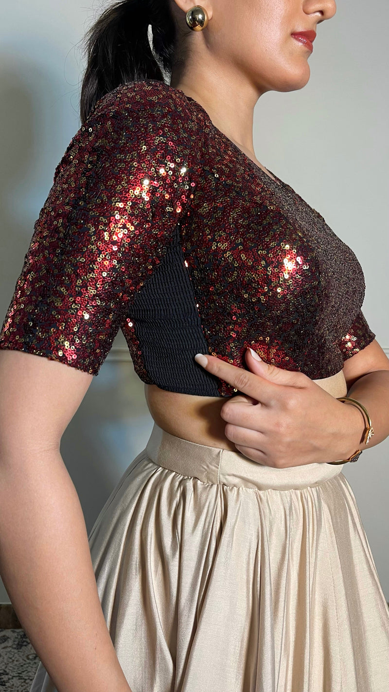 Yara x Tyohaar | Elbow Sleeves Red Sequined Saree Blouse with Pot Neck-Binks
