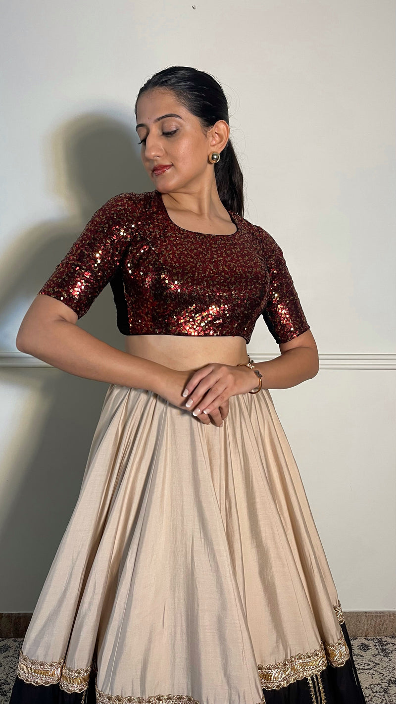 Yara x Tyohaar | Elbow Sleeves Red Sequined Saree Blouse with Pot Neck-Binks