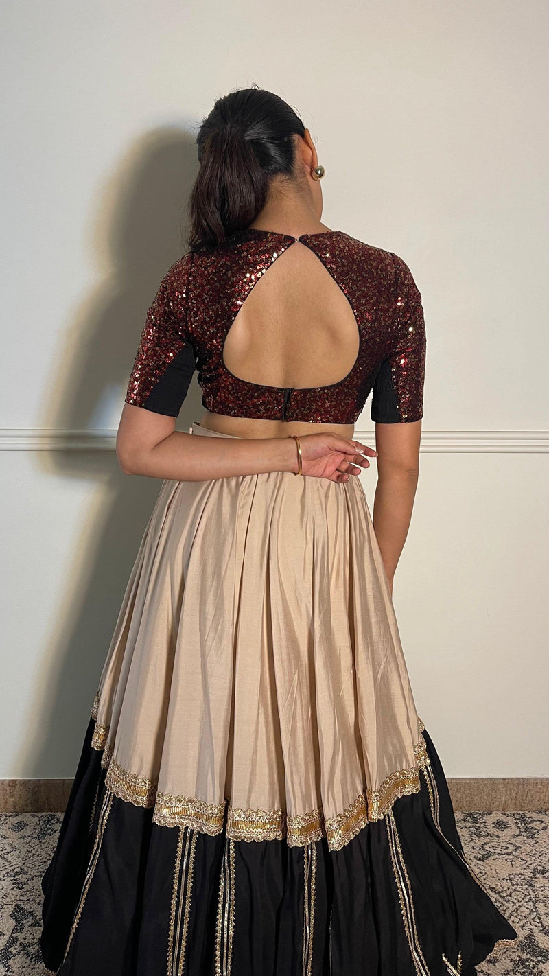 Yara x Tyohaar | Elbow Sleeves Red Sequined Saree Blouse with Pot Neck-Binks