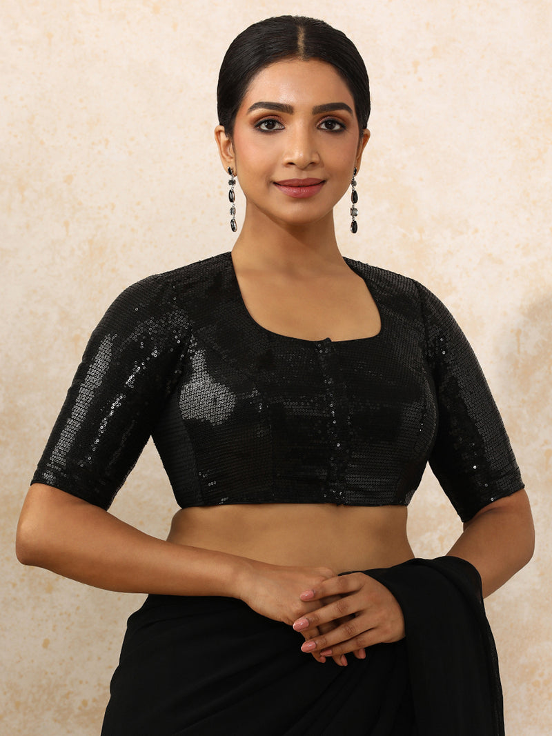 Yashvi x Tyohaar | Elbow Sleeves Black Sequined Saree Blouse with Pot Neck-Binks